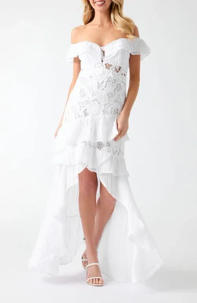 Guess Maya Lace Ruffle Off The Shoulder Maxi Dress In White