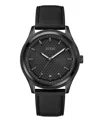 Guess Men's Analog Black Genuine Leather Watch, 44mm In Black