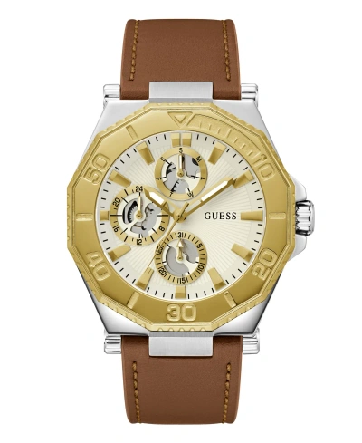 Guess Men's Analog Brown Genuine Leather Watch 46mm