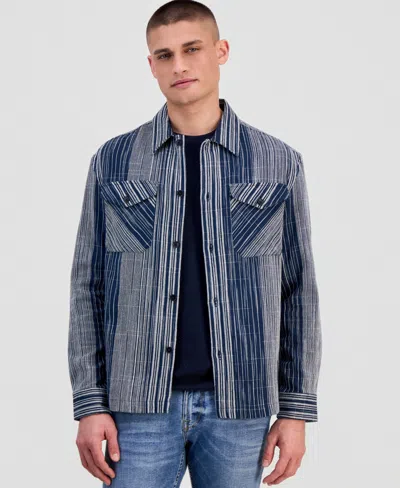 Guess Men's Atlas Linear Jacquard Long-sleeve Cotton Overshirt In Blue