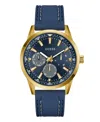 Guess Men's Blue Gold Tone Multi-function Watch, 44mm In Blue