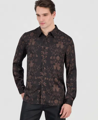 Guess Men's Charm Heritage Scroll Long-sleeve Button-front Shirt In Brown