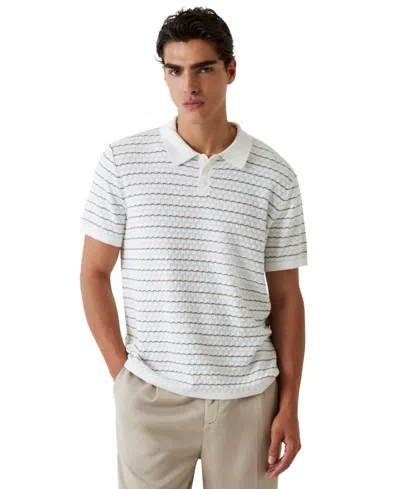 Guess Men's Checkered Stripe Text Woven Polo Shirt In White