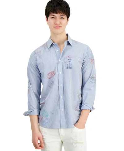 Guess Men's Coastal Stripe Stamp-print Button-down Shirt In Light Blue Sky Multi