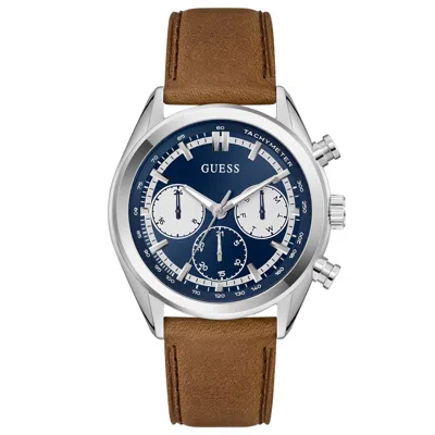 Guess Men's Brown Silver Tone Multi-function Watch, 44mm In Metallic