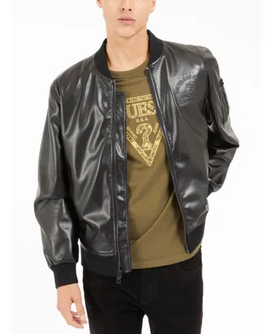 Guess Men's District Faux-leather Full-zip Bomber Jacket In Jet Black Multi