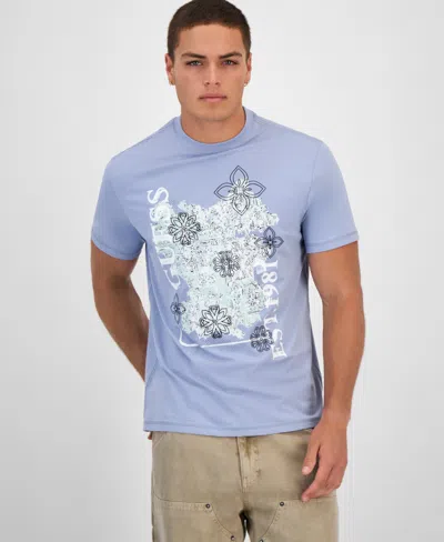 Guess Men's Faded Flower Short Sleeve Logo Graphic T-shirt In Blue