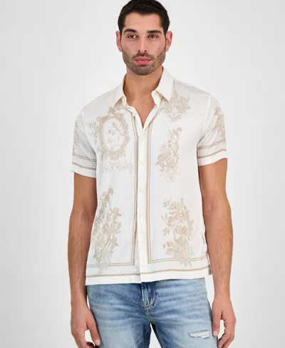 Guess Men's Floral Mirror Charm Short Sleeve Button-front Shirt In White