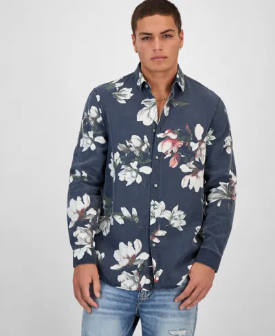 Guess Men's Floral-print Shirt In Blue