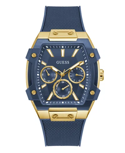 Guess Men's Gold-tone Indigo Silicone Multi-function Watch, 44mm In Blue