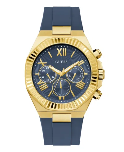 Guess Men's Gold-tone Indigo Silicone Multi-function Watch, 44mm In Blue