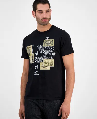 Guess Men's Japanese Stamps Short Sleeve Crewneck Graphic T-shirt In Black