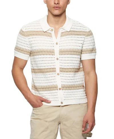 Guess Men's Joshua Relaxed Fit Short Sleeve Button-front Striped Sweater In White