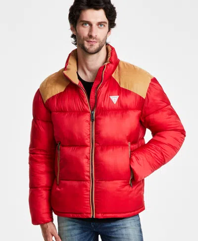 Guess Men's Larry Fabric Block Puffer Jacket In Chili Red Multi
