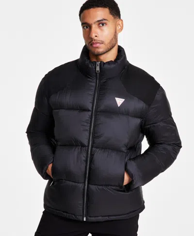 Guess Men's Larry Fabric Block Puffer Jacket In Jet Black Multi