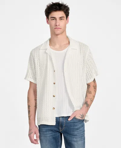 Guess Men's Liam Regular-fit Open-knit Jacquard Button-down Shirt In White
