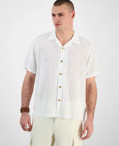 Guess Men's Liam Regular-fit Open-knit Jacquard Button-down Shirt In Salt White Multi