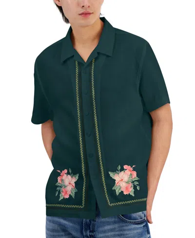 Guess Men's Linen Embroidered Floral Shirt In Dark Jade