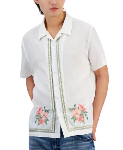 Guess Men's Linen Embroidered Floral Shirt In Pearl White Multi