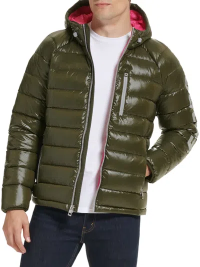Guess Men's Logo Puffer Hooded Jacket In Army Green