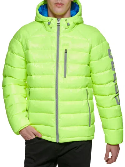 Guess Men's Logo Puffer Hooded Jacket In Neon Yellow