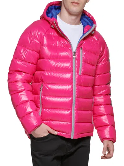 Guess Men's Logo Puffer Hooded Jacket In Punch