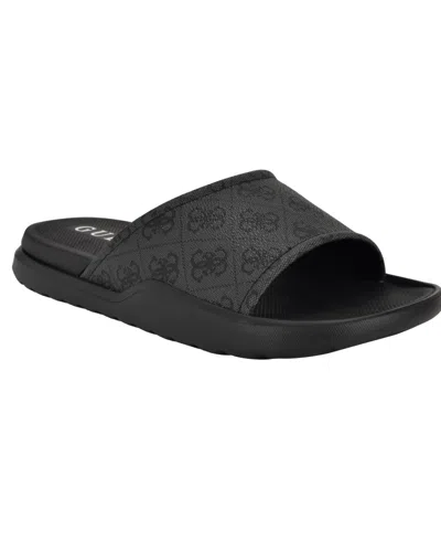 Guess Men's Magaria Branded Elevated Pool Slides In Dark Gray Logo Multi