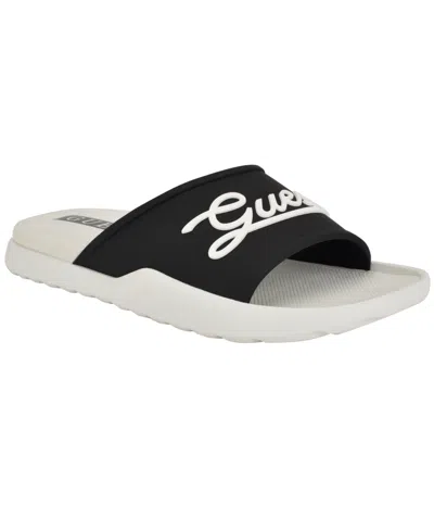Guess Men's Molar Branded Elevated Pool Slides In Black,white