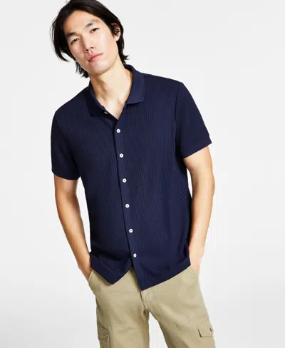 Guess Men's Pointelle Short Sleeve Knit Shirt In Smart Blue