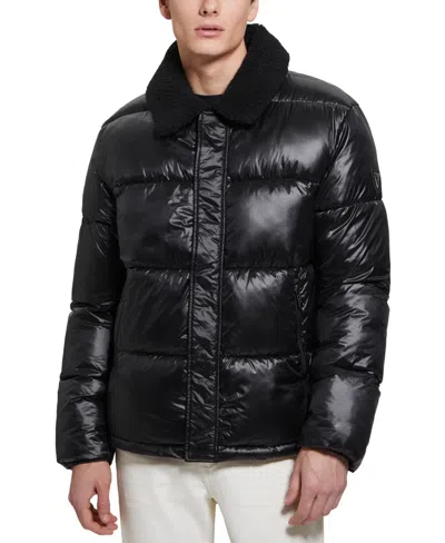 Guess Men's Puffer Jacket With Sherpa Collar In Jet Black
