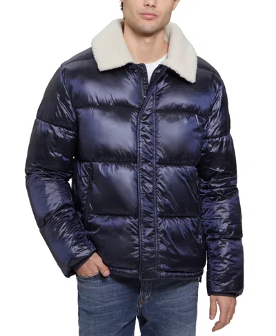 Guess Men's Puffer Jacket With Sherpa Collar In Navy Sea Multi