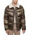 Guess Men's Puffer Jacket With Sherpa Collar In Olive Morning Multi