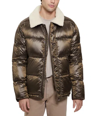 Guess Men's Puffer Jacket With Sherpa Collar In Olive Morning Multi