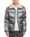 Guess Men's Puffer Jacket With Sherpa Collar In Silver Soiled