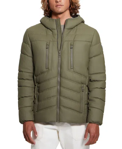 Guess Men's Quilted Faux Leather Hooded Jacket In Olive Morning