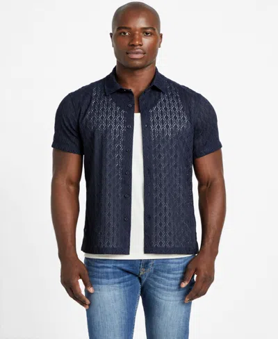 Guess Men's Reeves Woven Short Sleeve Button-up Shirt In Blue