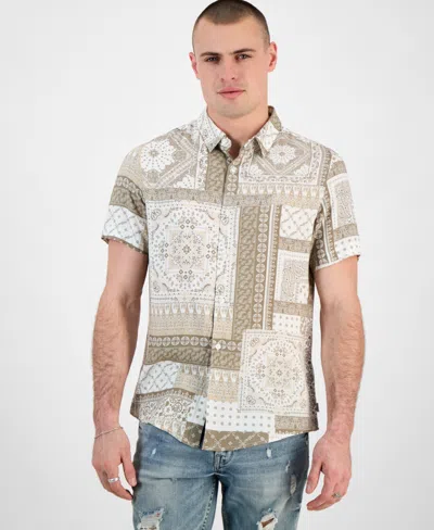 Guess Men's Regular-fit Patchwork Tile-print Button-down Shirt In Patchwork Tile Green