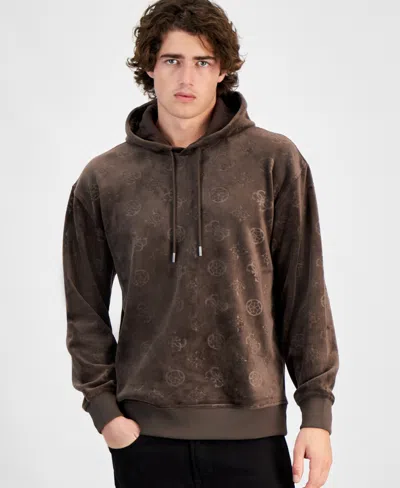 Guess Men's Relaxed-fit Embossed Peony Logo Hoodie In Chocolate Brownie