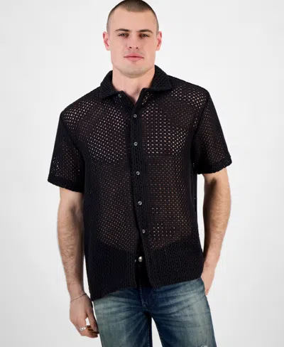 Guess Men's Relaxed-fit Open Mesh-knit Button-down Shirt In Jet Black