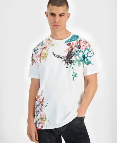 Guess Men's Relaxed Fit Short Sleeve Crewneck Floral Hawk Print T-shirt In White