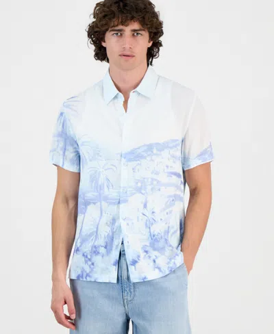 Guess Men's Riviera Palm-print Short-sleeve Button Shirt In Blue