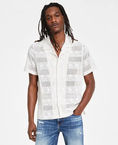 Guess Men's Short-sleeve Geometric Crochet-knit Shirt In Tan