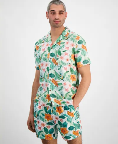 Guess Men's Short Sleeve Palm Print Camp Shirt In Aop Green And Pink Foliage