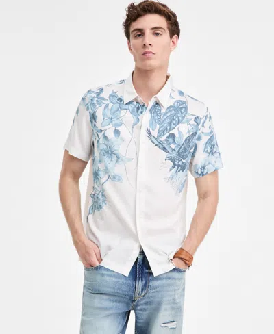 Guess Men's Short Sleeve Tropical Print Button-front Camp Shirt In White