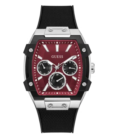 Guess Men's Silver-tone Black Silicone Multi-function Watch, 44mm
