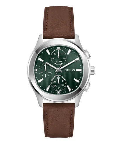 Guess Men's Silver-tone Brown Leather Multi-function Watch, 40mm