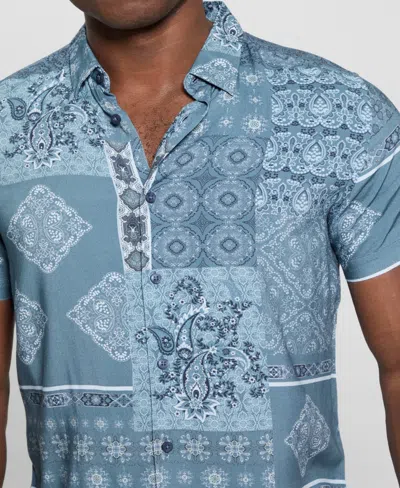 Guess Men's Slim Fit Short Sleeve Patchwork Button-front Shirt In Blue