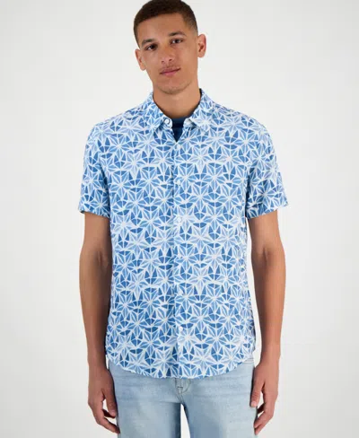 Guess Men's Slim Fit Short Sleeve Printed Button-front Shirt In Watercolor Burst Petroleum