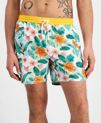 Guess Men's Vintage-print Floral Swim Trunks In Aop Green And Pink Foliage