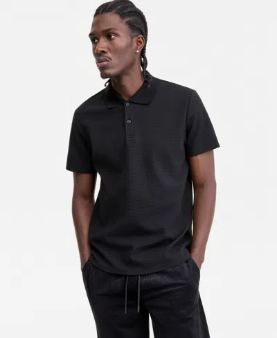 Guess Men's Waffle-knit Polo Shirt In Black